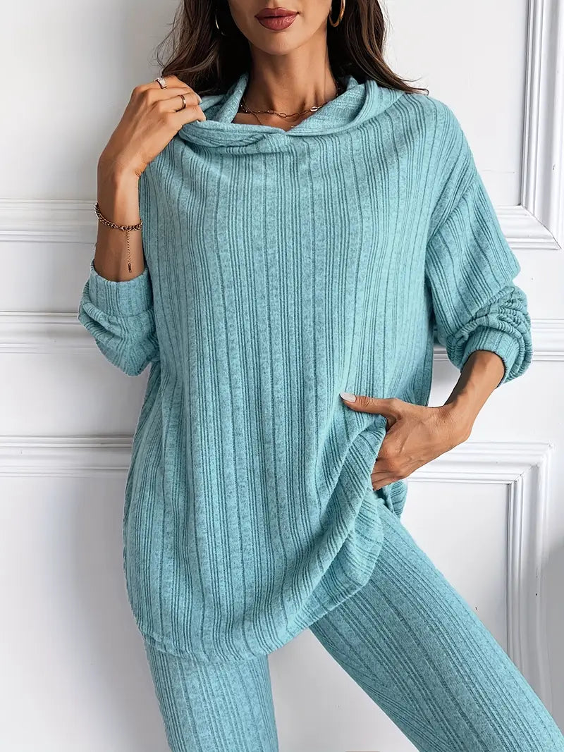 Women's Ribbed Knit 2 Piece Lounge Set – Hoodie Long Sleeve Leggings Casual