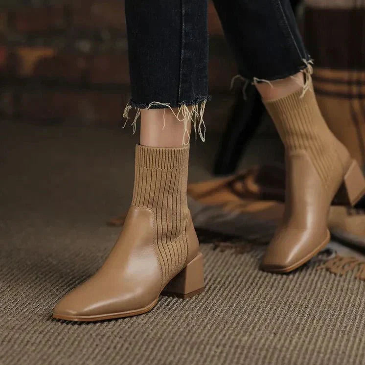 Women's Ribbed Knit Sock Ankle Boots – Square Toe Block Heel Slip On