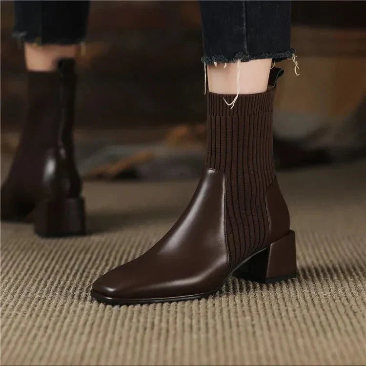 Women's Ribbed Knit Sock Ankle Boots – Square Toe Block Heel Slip On