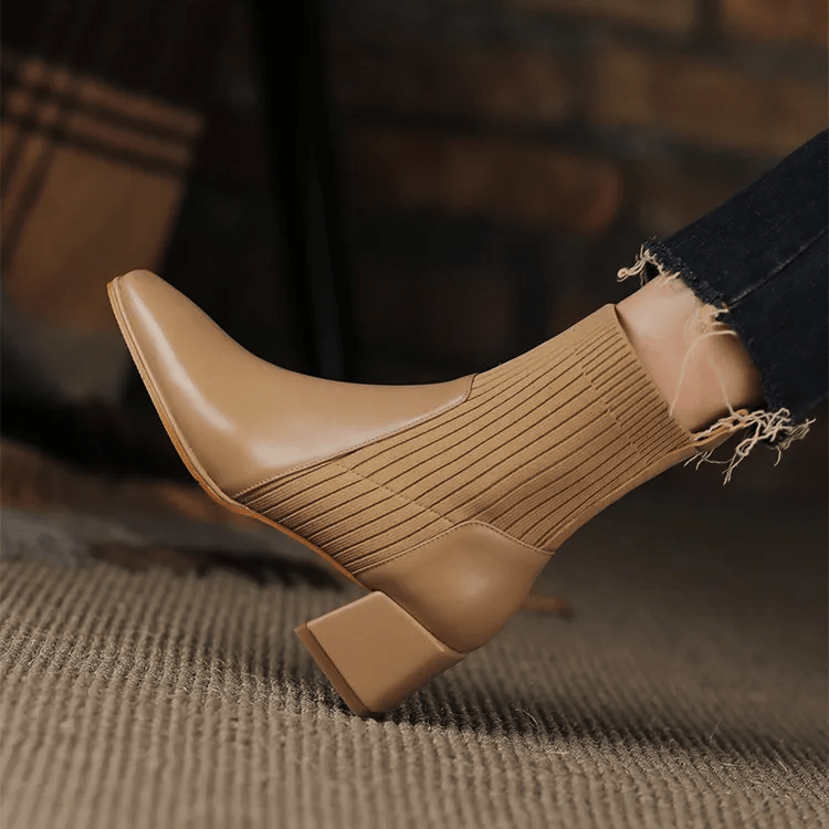 Women's Ribbed Knit Sock Ankle Boots – Square Toe Block Heel Slip On