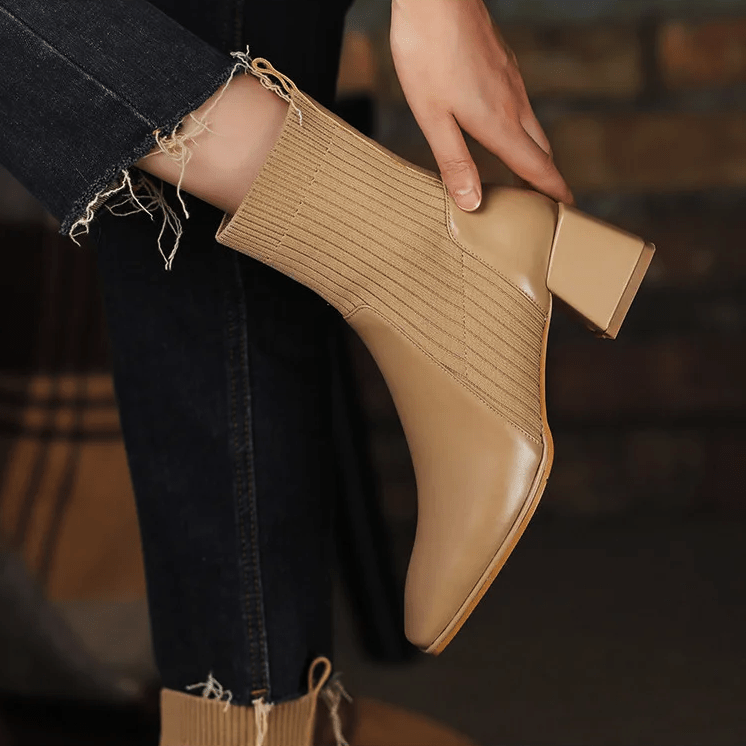 Women's Ribbed Knit Sock Ankle Boots – Square Toe Block Heel Slip On
