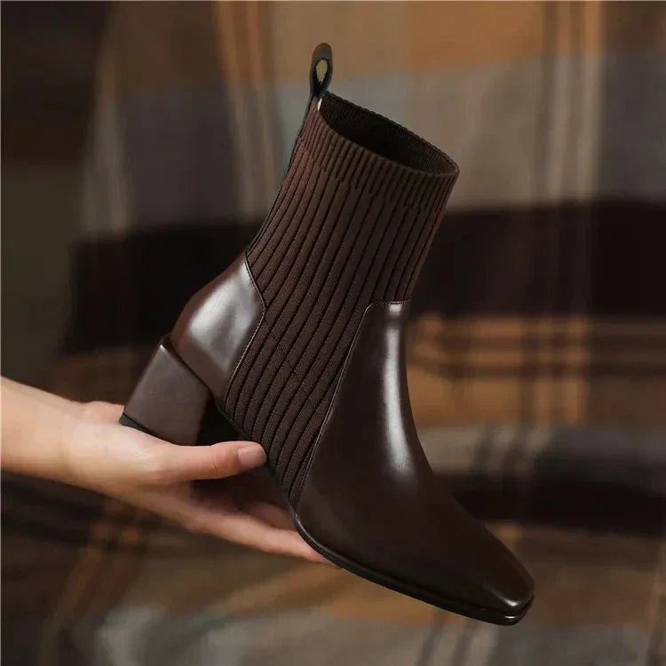 Women's Ribbed Knit Sock Ankle Boots – Square Toe Block Heel Slip On