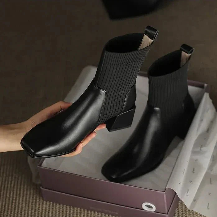 Women's Ribbed Knit Sock Ankle Boots – Square Toe Block Heel Slip On