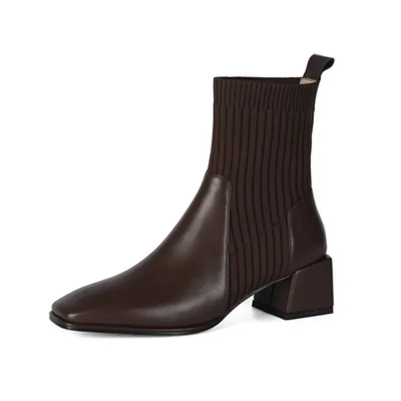 Women's Ribbed Knit Sock Ankle Boots – Square Toe Block Heel Slip On