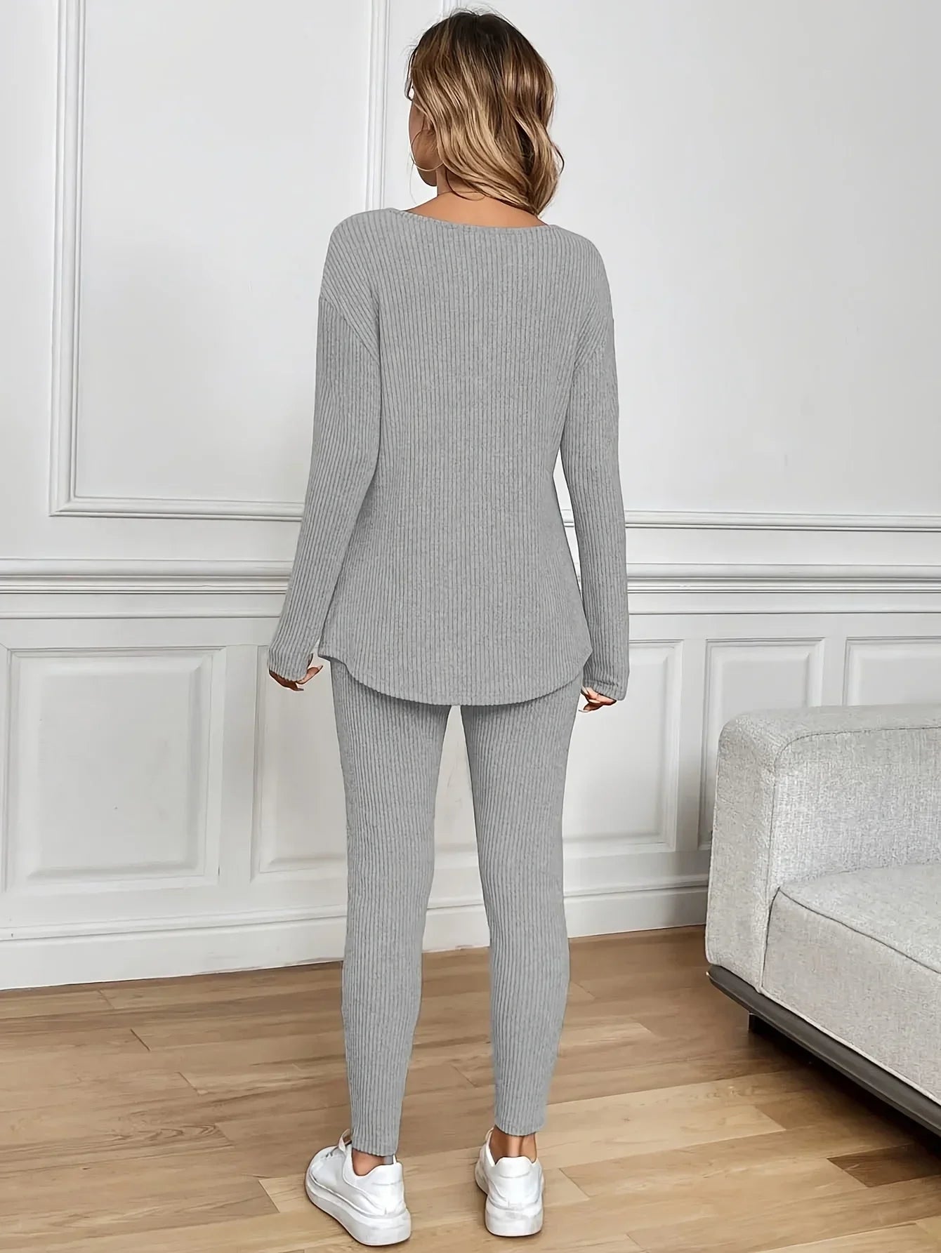 Women's Ribbed Knit Two Piece Lounge Set – V Neck Curved Hem Leggings Loungewear