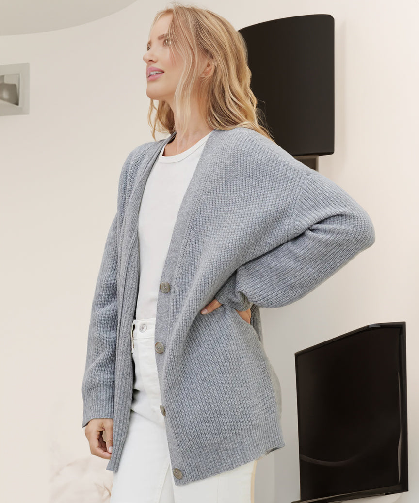 Women's Ribbed V-Neck Cardigan – Oversized Button Front Longline Knit Sweater