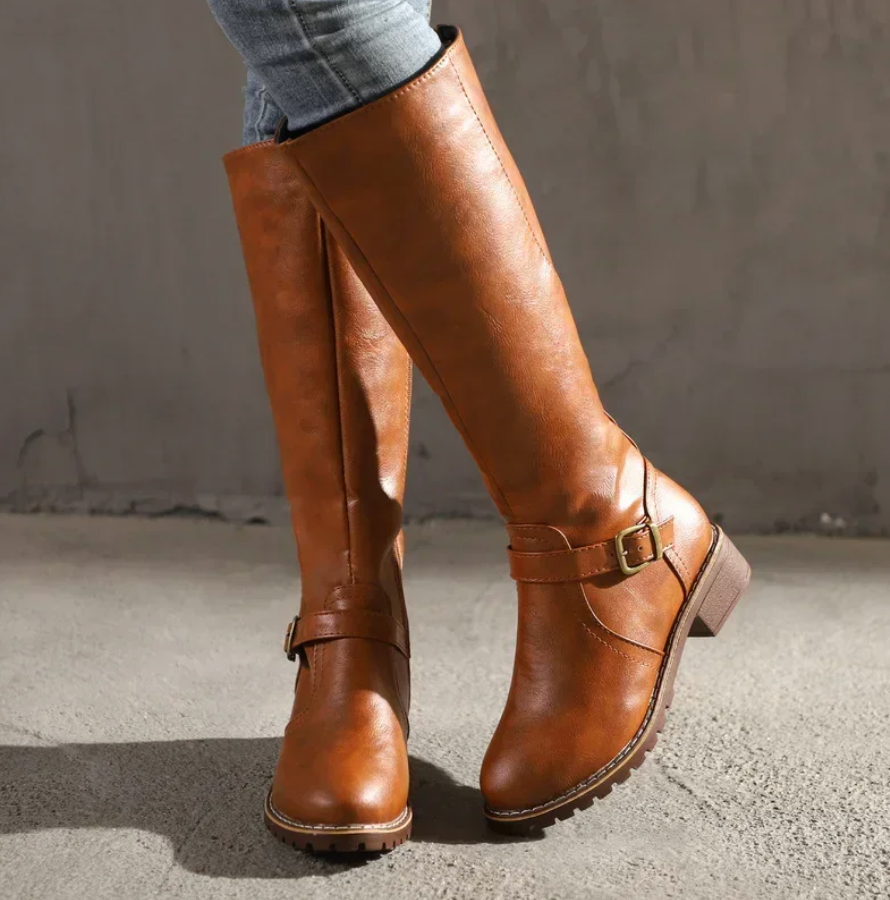 Women's Riding Knee High Boots – Buckle Strap Lug Sole Side Zip Casual Winter