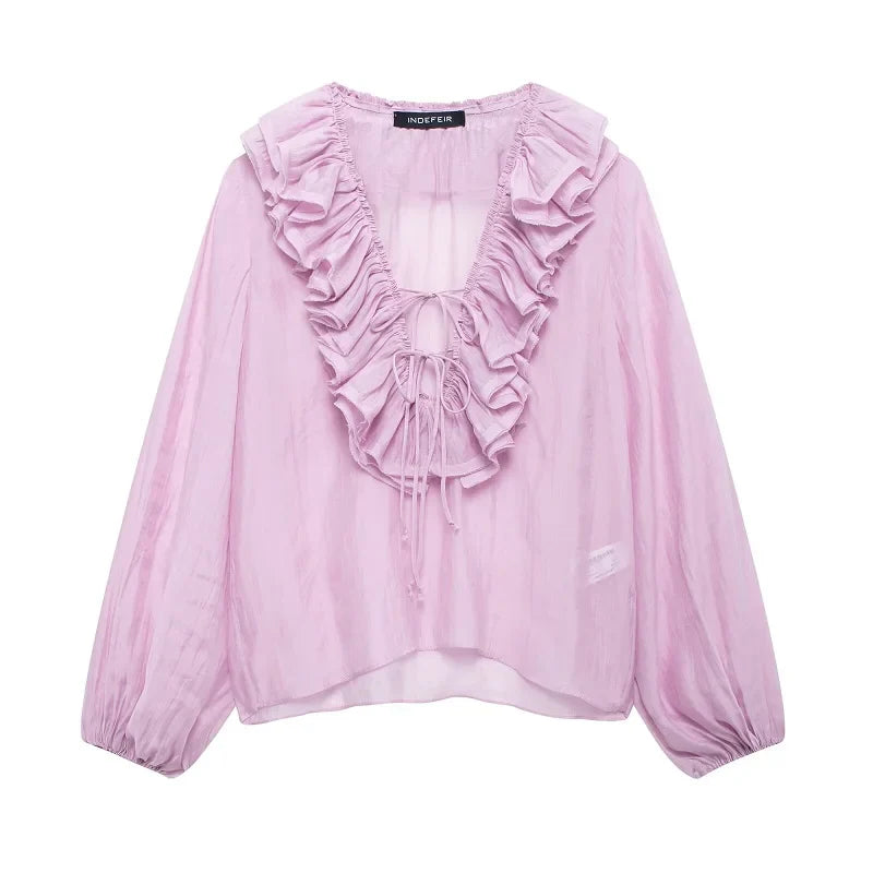 Women's Ruffle Tie Front Blouse – Deep V Neck Puff Sleeve Sheer Casual