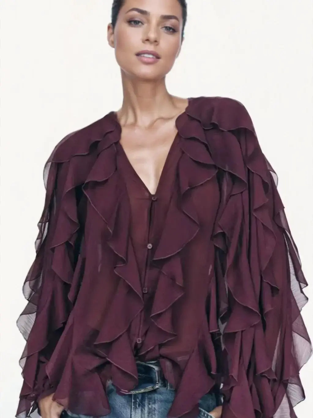 Women's Ruffle Trim Sheer Blouse – V Neck Button Front Long Sleeve Party