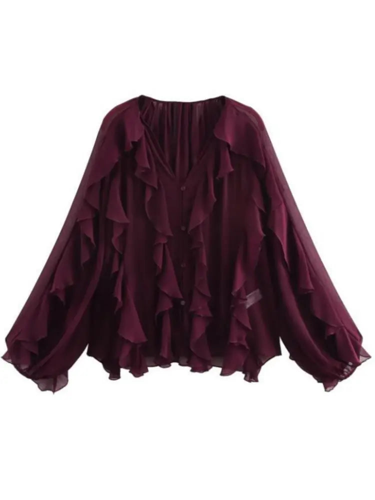 Women's Ruffle Trim Sheer Blouse – V Neck Button Front Long Sleeve Party