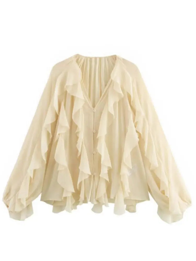 Women's Ruffle Trim Sheer Blouse – V Neck Button Front Long Sleeve Party