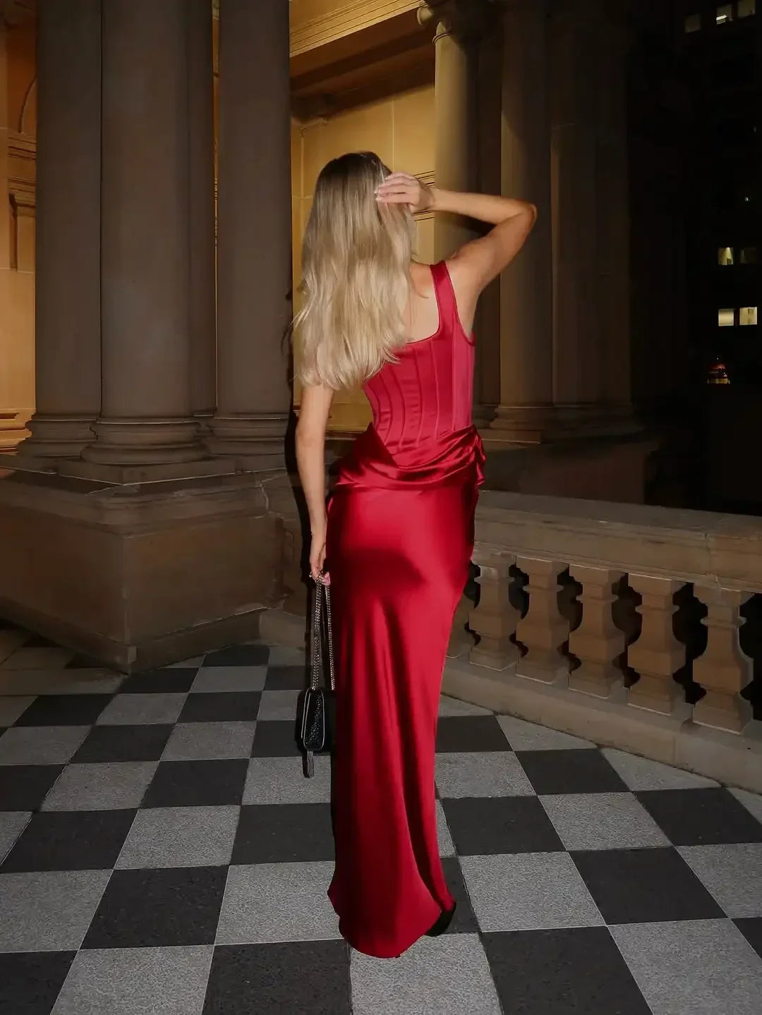Women's Satin Corset Maxi – Square Neck Sleeveless Wedding Guest Dress