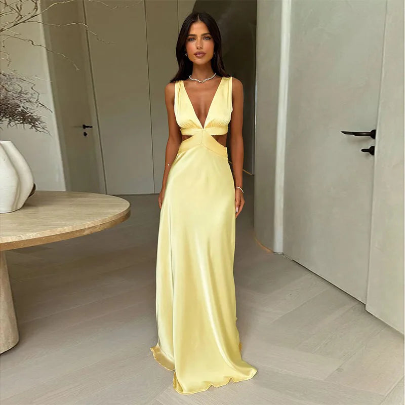 Women's Satin Cut Out Maxi Dress – Deep V Neck Sleeveless Wedding Guest