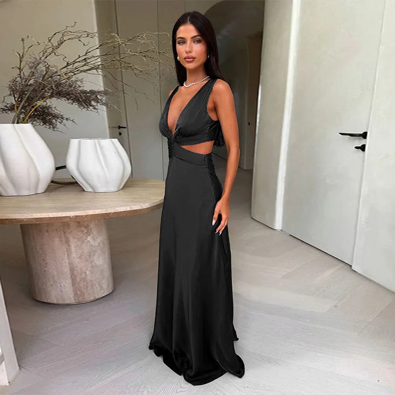 Women's Satin Cut Out Maxi Dress – Deep V Neck Sleeveless Wedding Guest