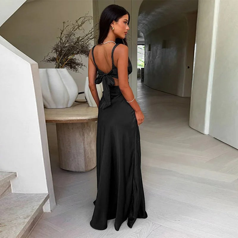 Women's Satin Cut Out Maxi Dress – Deep V Neck Sleeveless Wedding Guest