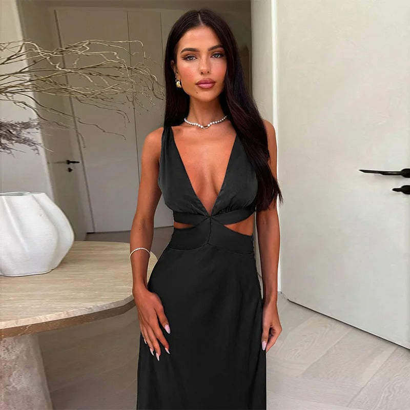 Women's Satin Cut Out Maxi Dress – Deep V Neck Sleeveless Wedding Guest