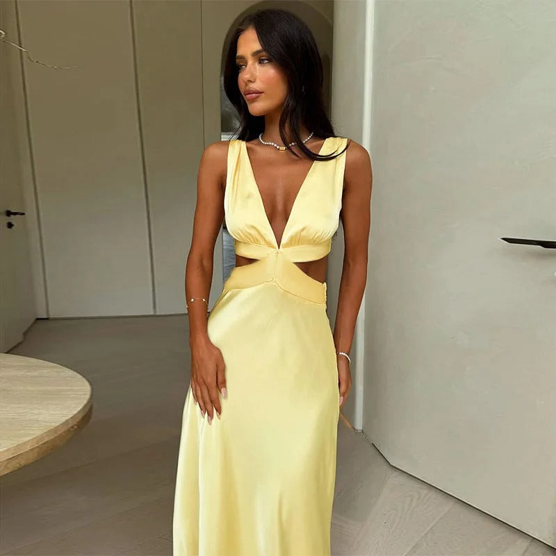 Women's Satin Cut Out Maxi Dress – Deep V Neck Sleeveless Wedding Guest