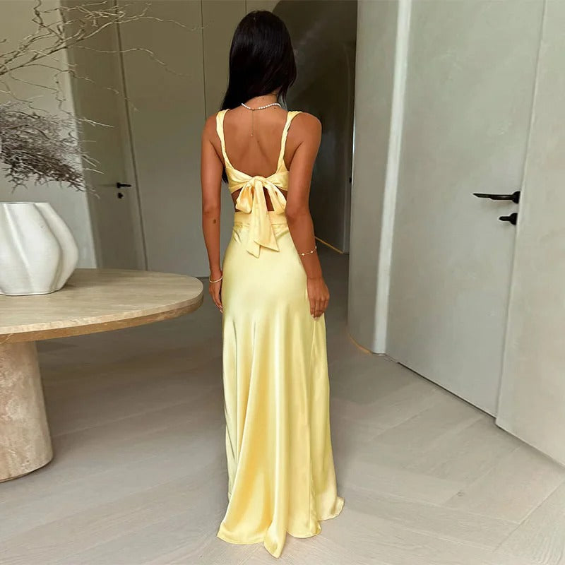 Women's Satin Cut Out Maxi Dress – Deep V Neck Sleeveless Wedding Guest
