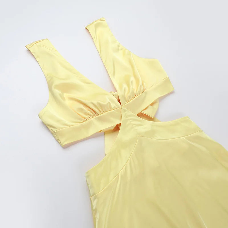 Women's Satin Cut Out Maxi Dress – Deep V Neck Sleeveless Wedding Guest