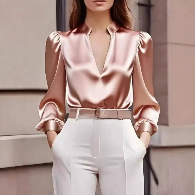 Women's Satin Long Sleeve Blouse – Deep V Neck Puff Sleeve Office Work Top