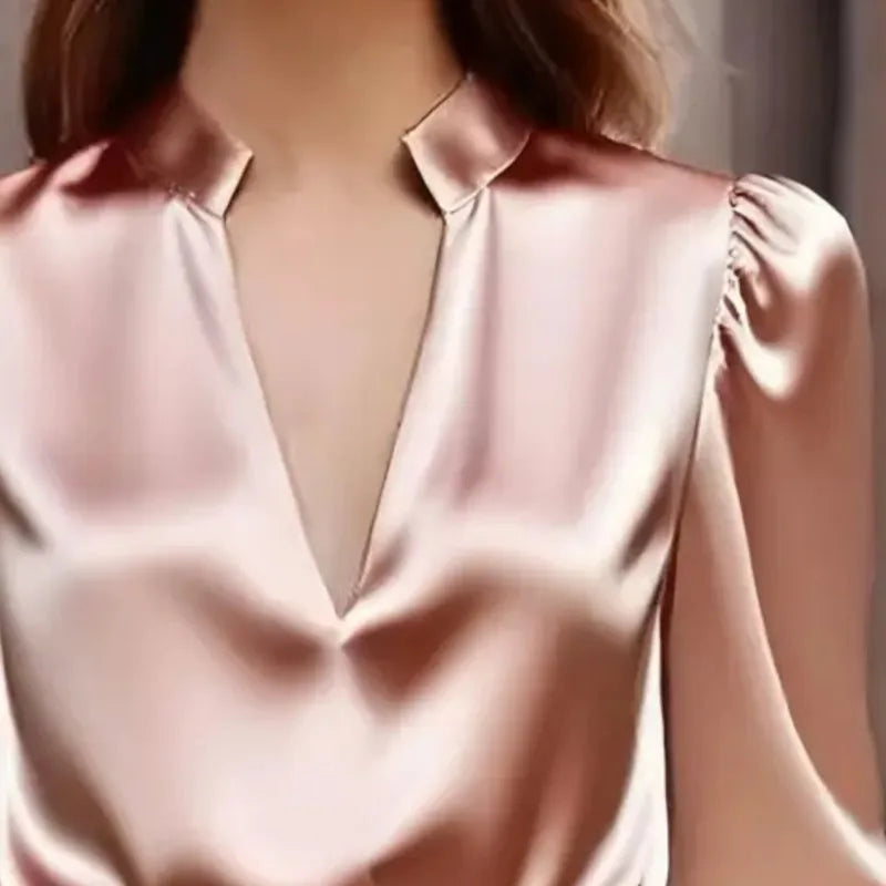 Women's Satin Long Sleeve Blouse – Deep V Neck Puff Sleeve Office Work Top