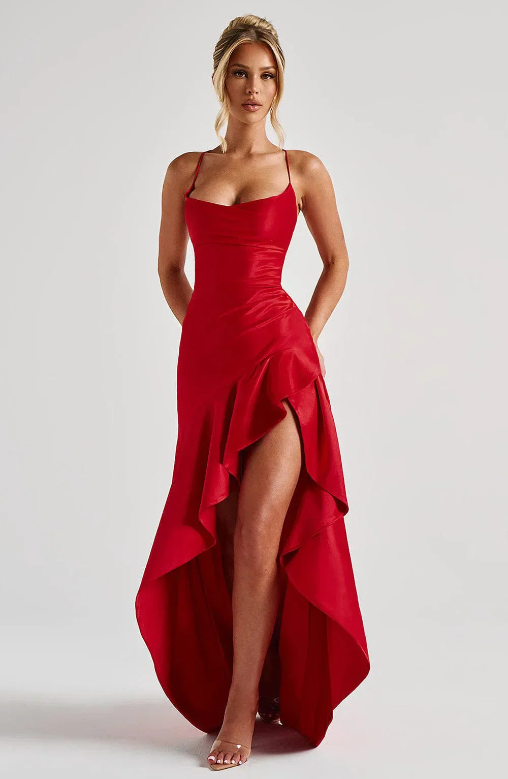Women's Satin Maxi Dress – Ruched Bodice High Slit Ruffle Hem Wedding Guest