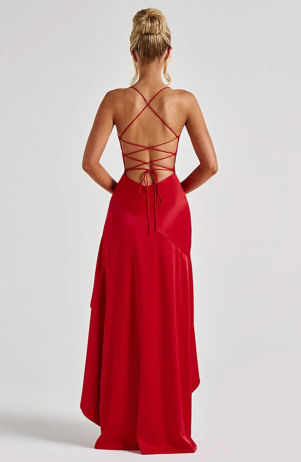 Women's Satin Maxi Dress – Ruched Bodice High Slit Ruffle Hem Wedding Guest