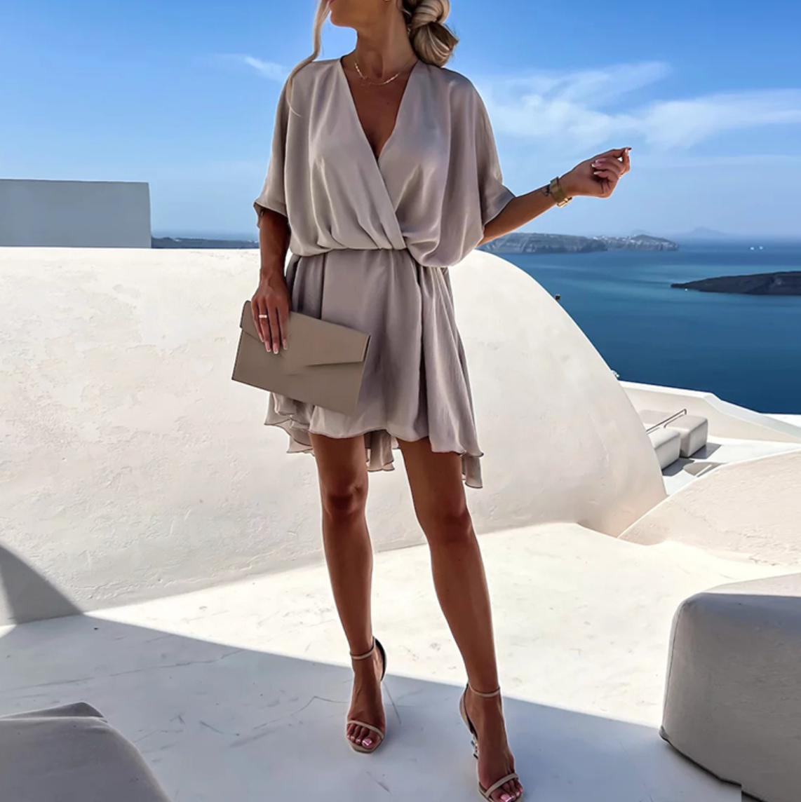 Women's Satin Mini Dress – Deep V Neck Batwing Sleeve Gathered Waist Summer