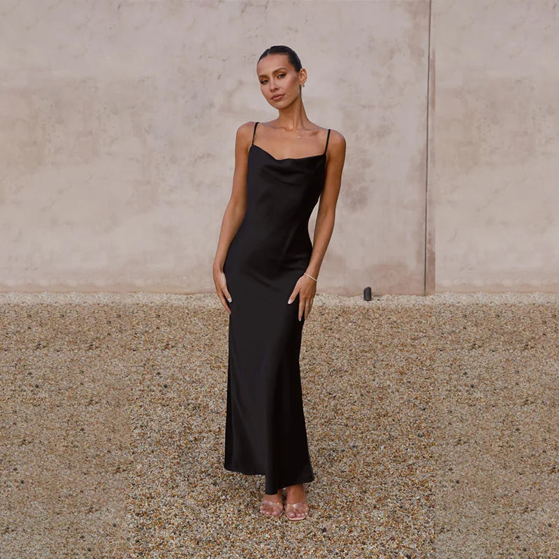 Women's Satin Slip Maxi Dress – Cowl Neck Spaghetti Strap Wedding Guest
