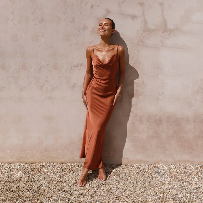 Women's Satin Slip Maxi Dress – Cowl Neck Spaghetti Strap Wedding Guest