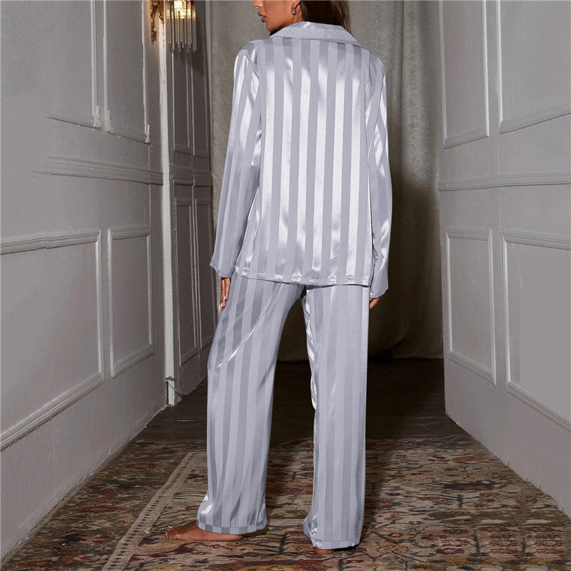 Women's Satin Stripe Pajama Set – Long Sleeve Button Front Wide Leg Sleepwear