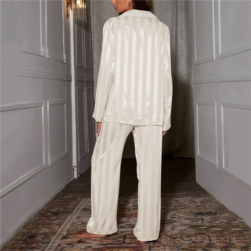 Women's Satin Stripe Pajama Set – Long Sleeve Button Front Wide Leg Sleepwear