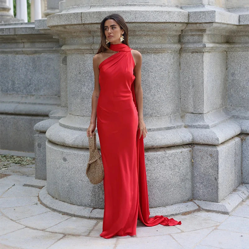 Women's Scarf Neck Maxi Dress – Sleeveless Draped Cape Wedding Guest