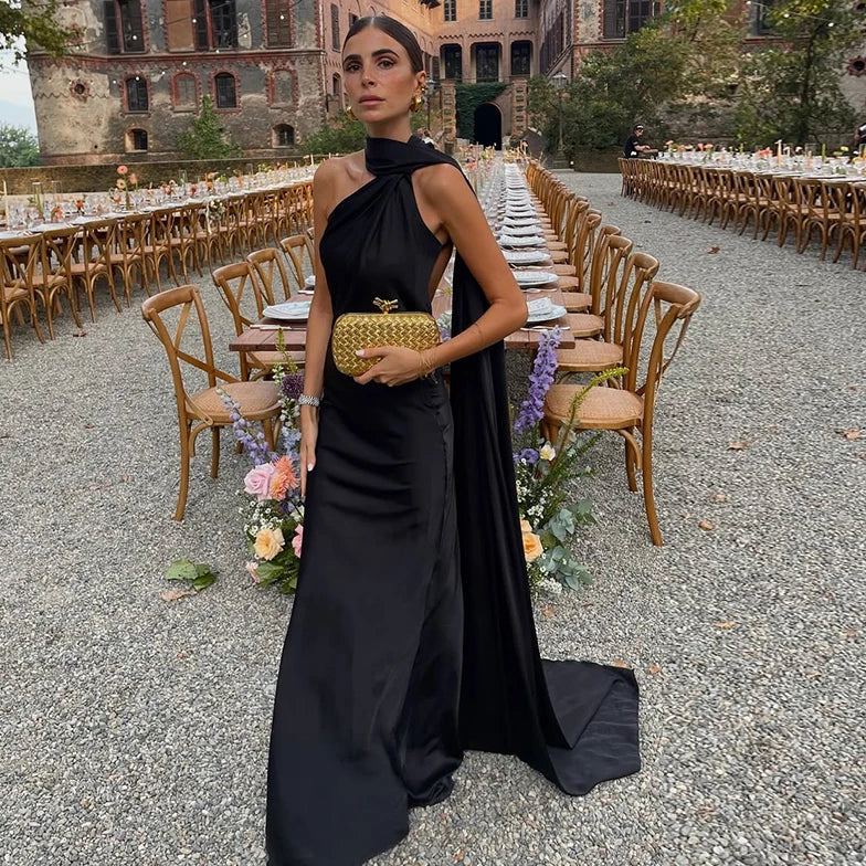 Women's Scarf Neck Maxi Dress – Sleeveless Draped Cape Wedding Guest