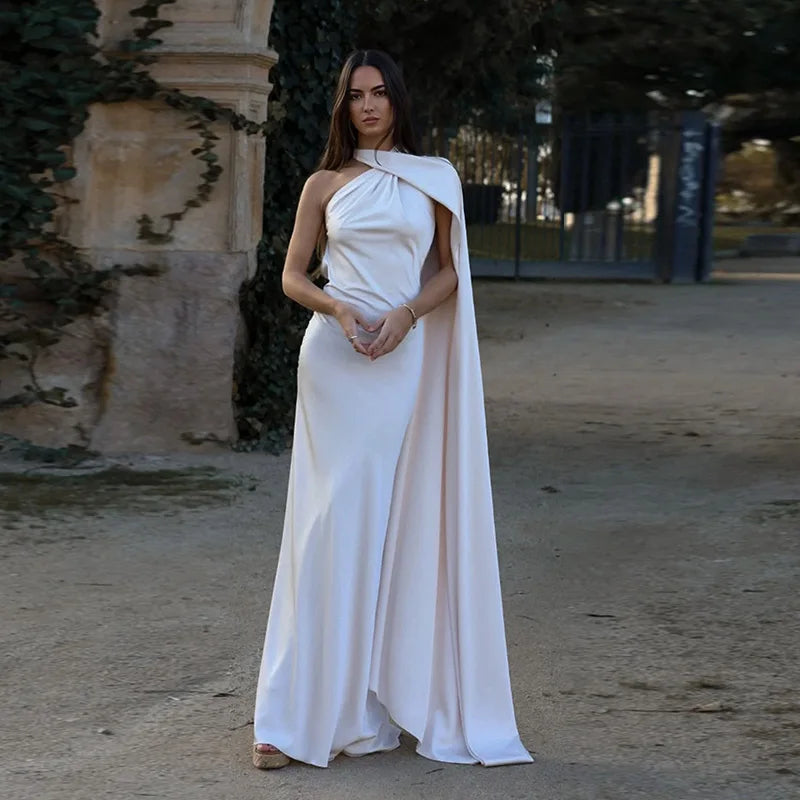 Women's Scarf Neck Maxi Dress – Sleeveless Draped Cape Wedding Guest