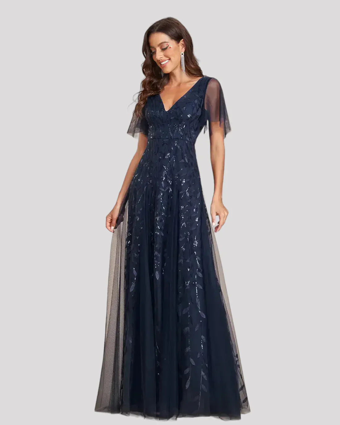 Women's Sequin Leaf Maxi Dress – V Neck Flutter Sleeve Wedding Guest