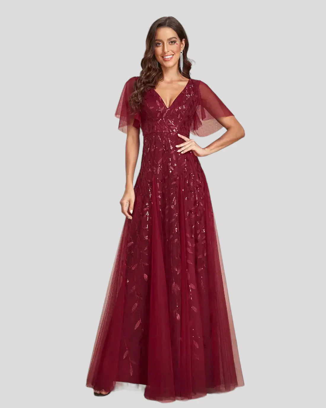 Women's Sequin Leaf Maxi Dress – V Neck Flutter Sleeve Wedding Guest