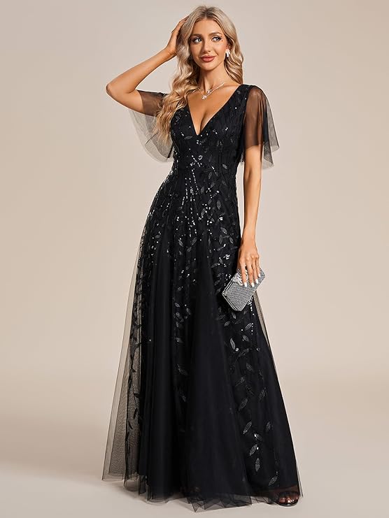 Women's Sequin Leaf Maxi Dress – V Neck Flutter Sleeve Wedding Guest