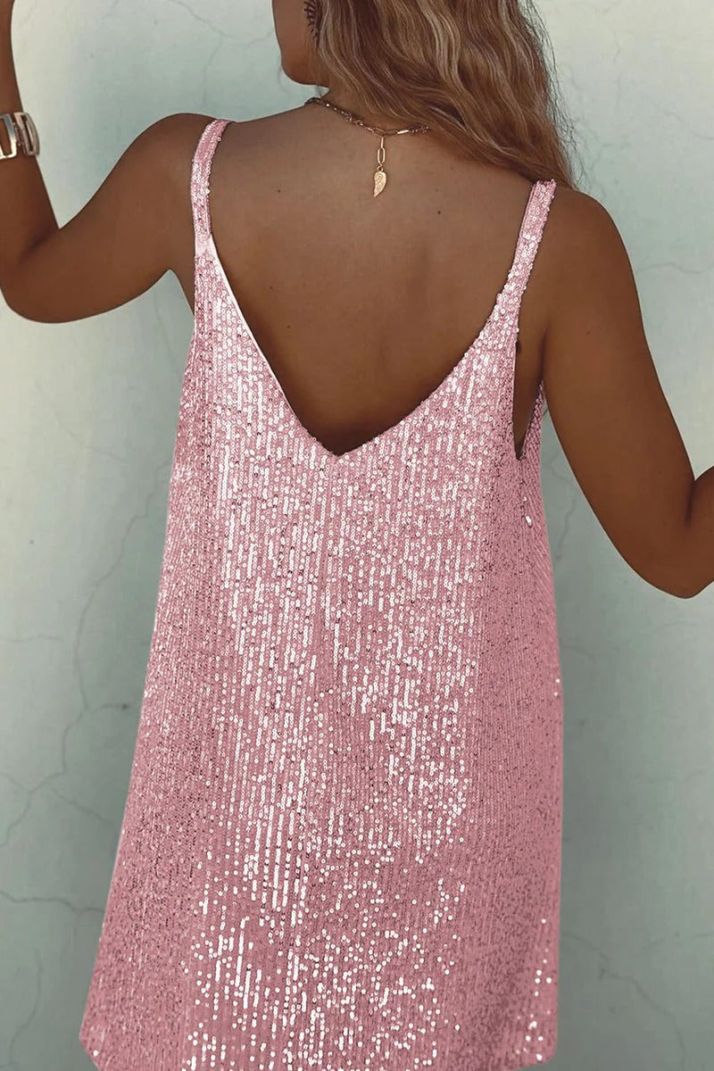 Women's Sequin Mini Dress – V Neck Spaghetti Strap Twist Waist Prom Party