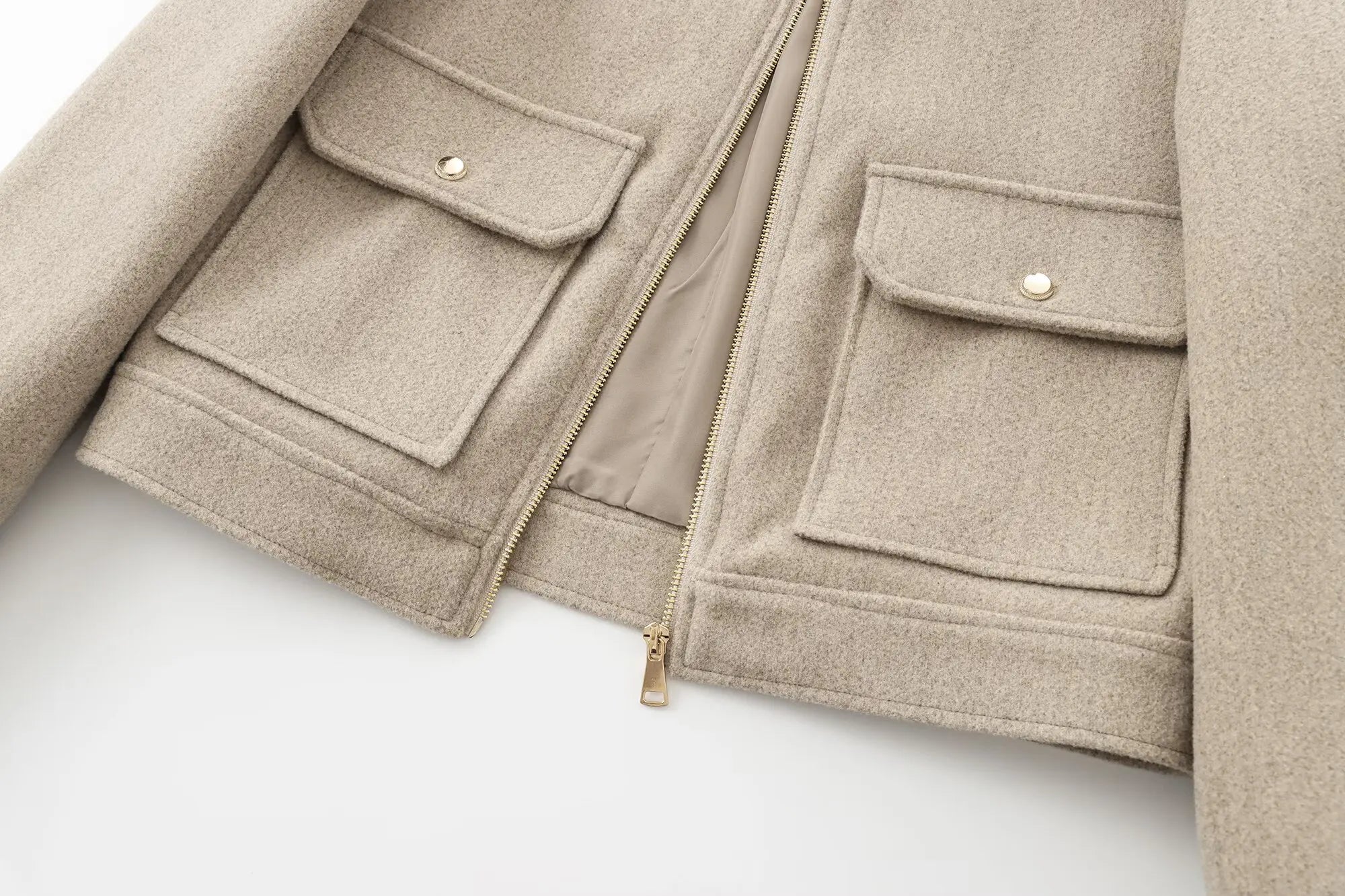 Women's Cropped Zip Front Bomber Jacket – Spread Collar Flap Pockets