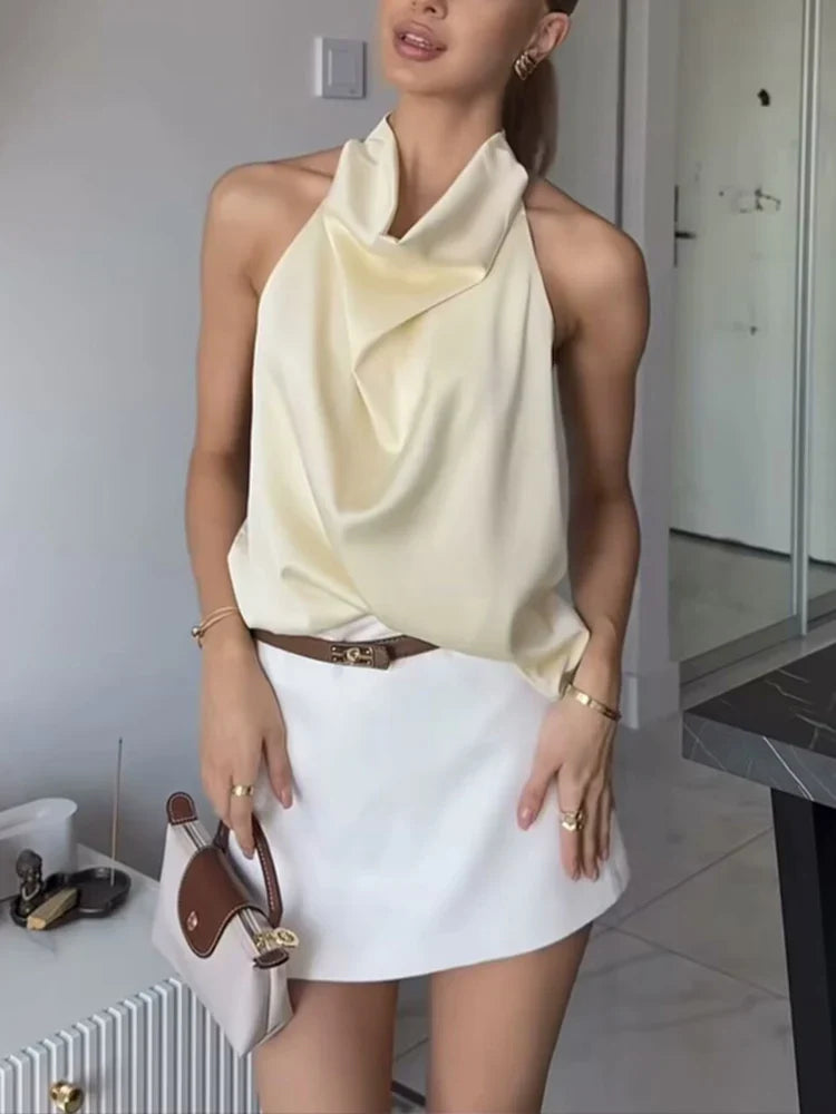 Women's Sleeveless Halter Top – Cowl Neck Open Back Cropped Summer Casual