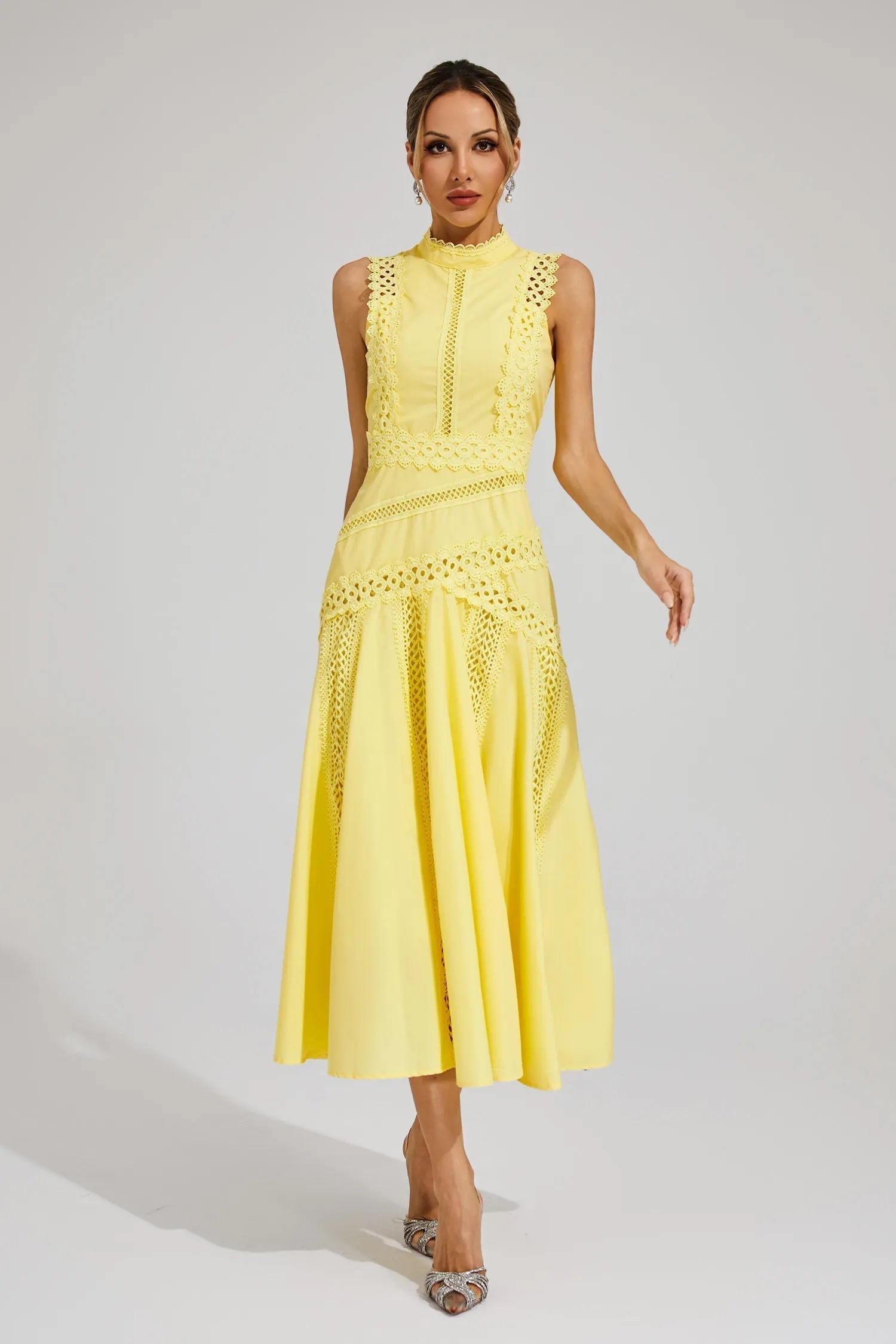 Women's Sleeveless Lace Panel Midi Dress – Mock Neck A-Line Wedding Guest