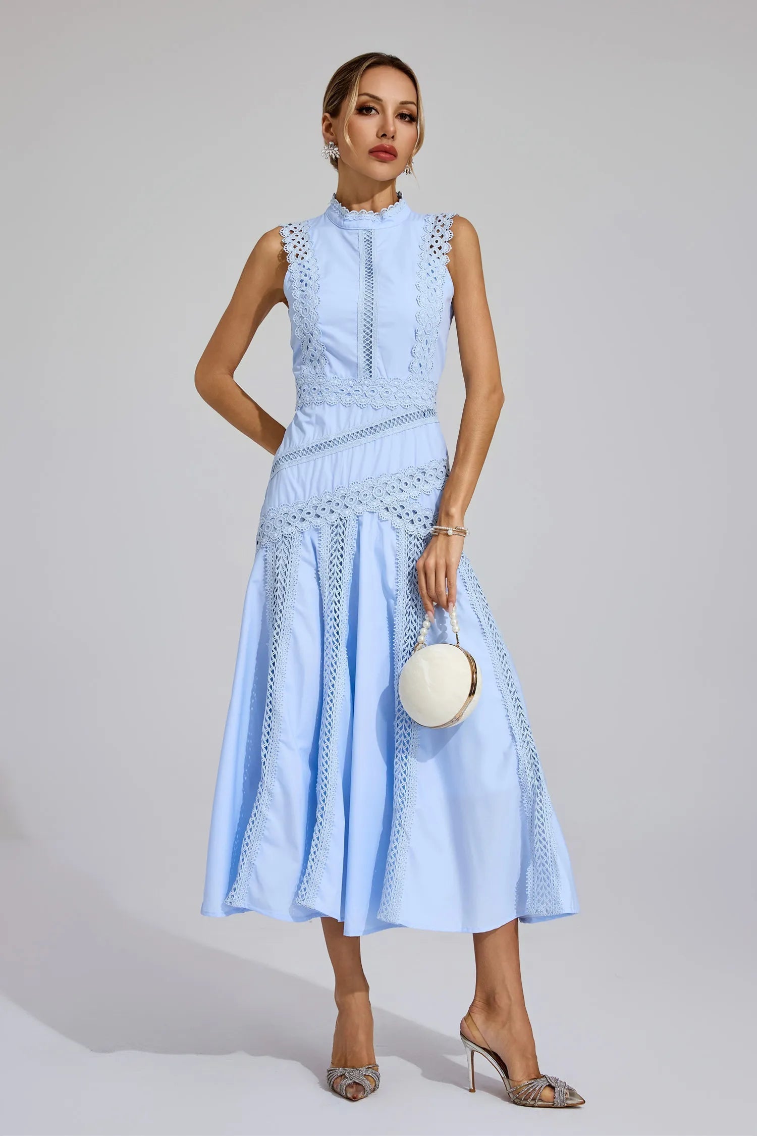 Women's Sleeveless Lace Panel Midi Dress – Mock Neck A-Line Wedding Guest