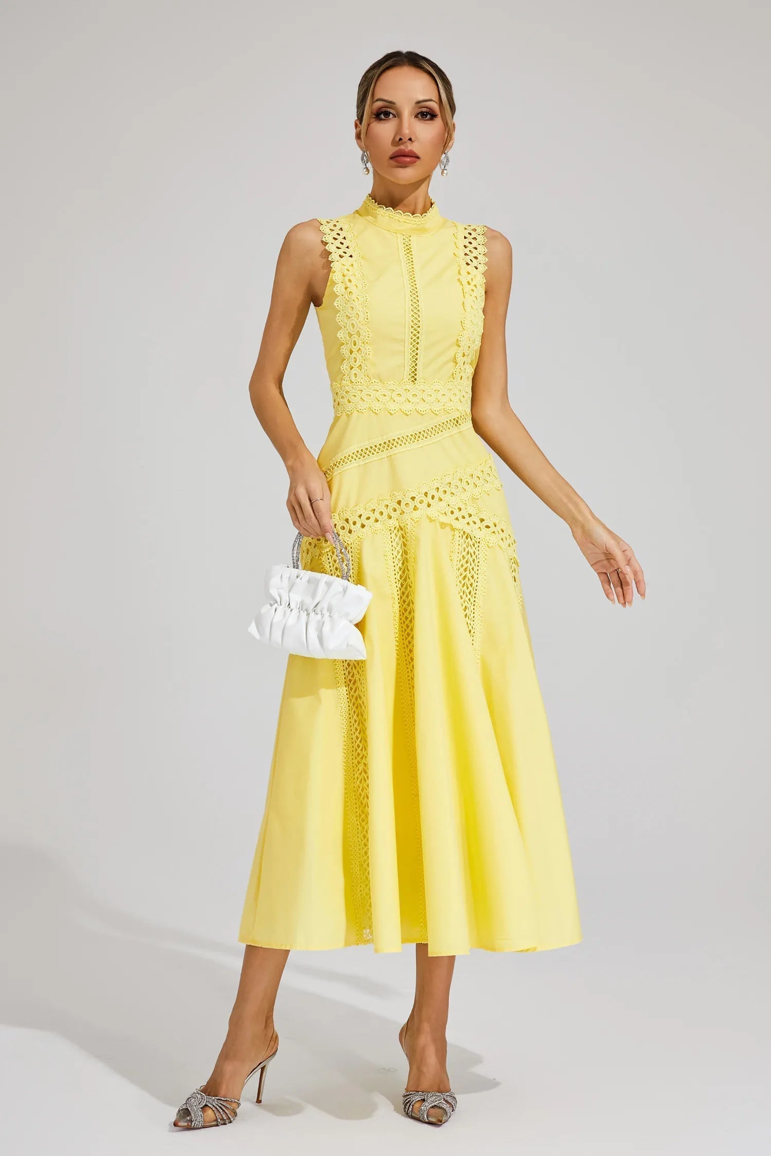 Women's Sleeveless Lace Panel Midi Dress – Mock Neck A-Line Wedding Guest