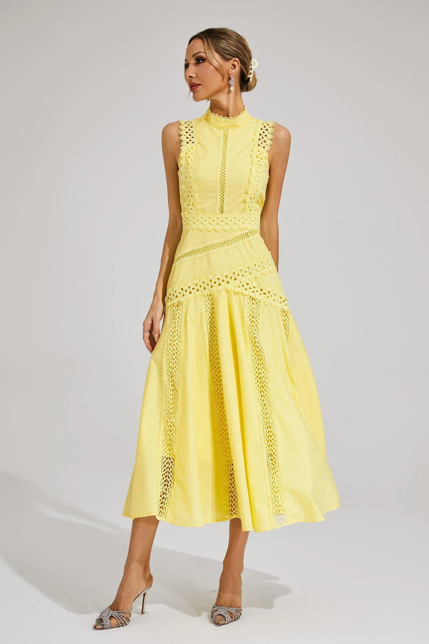 Women's Sleeveless Lace Panel Midi Dress – Mock Neck A-Line Wedding Guest