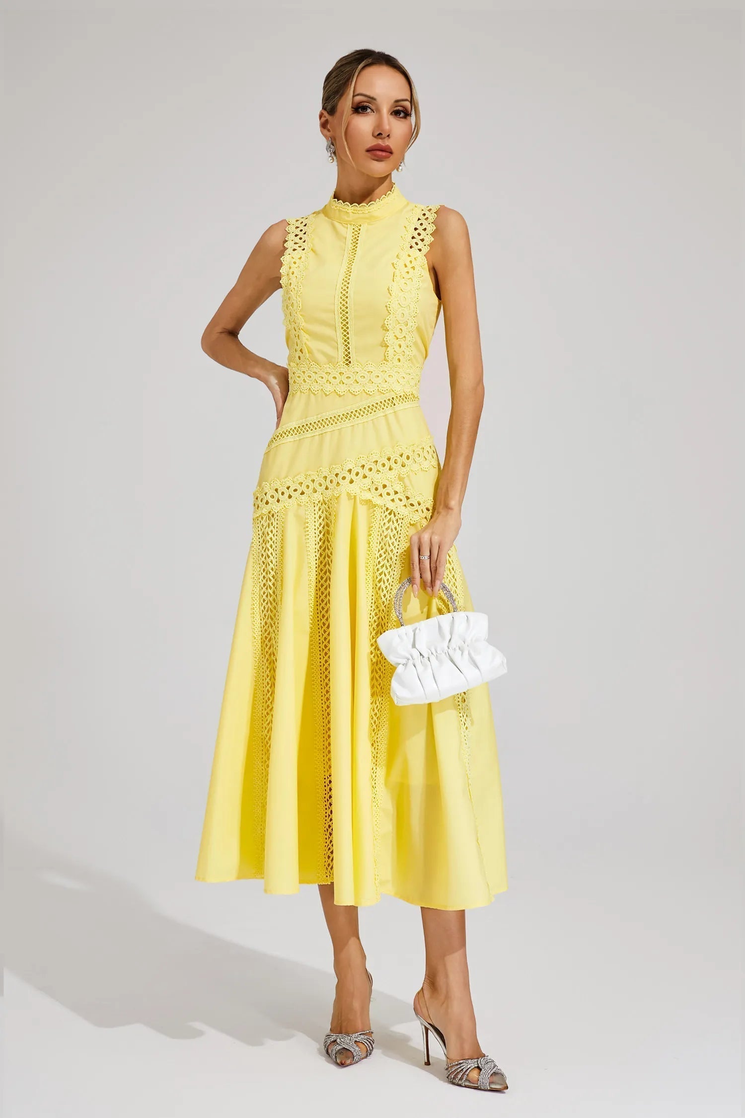 Women's Sleeveless Lace Panel Midi Dress – Mock Neck A-Line Wedding Guest