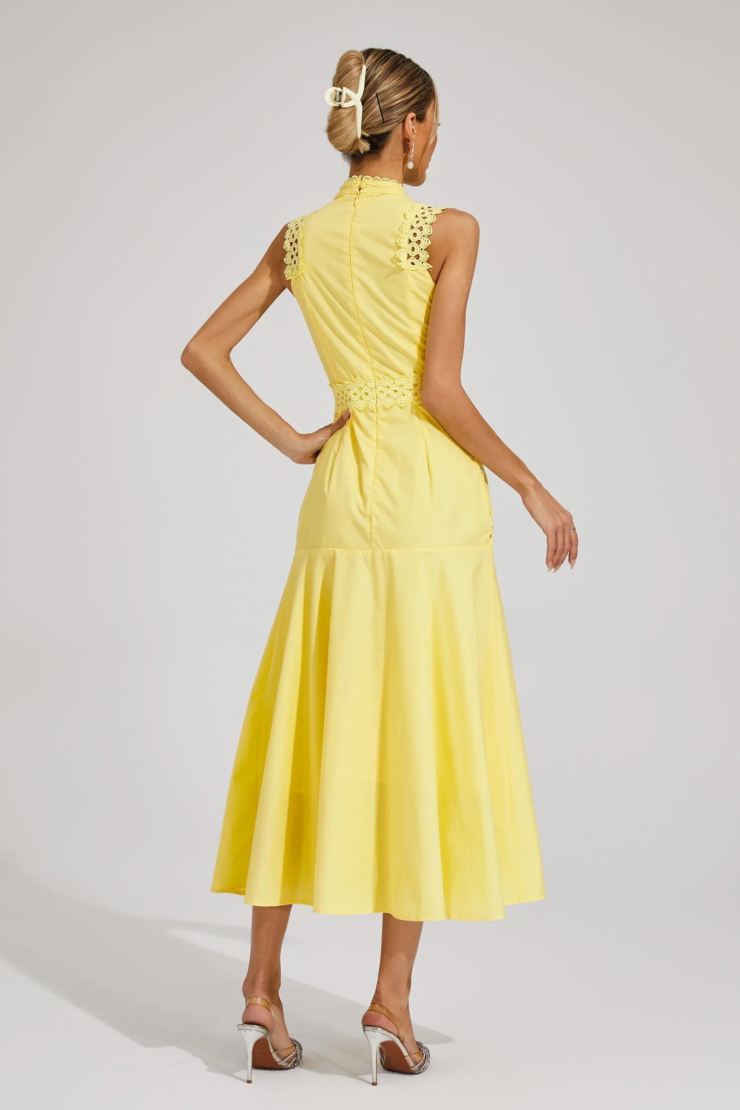 Women's Sleeveless Lace Panel Midi Dress – Mock Neck A-Line Wedding Guest