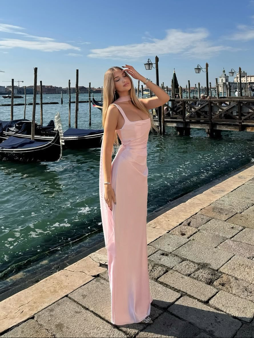 Women's Sleeveless Maxi Dress – Cowl Neck Halter Ruched Waist Wedding Guest