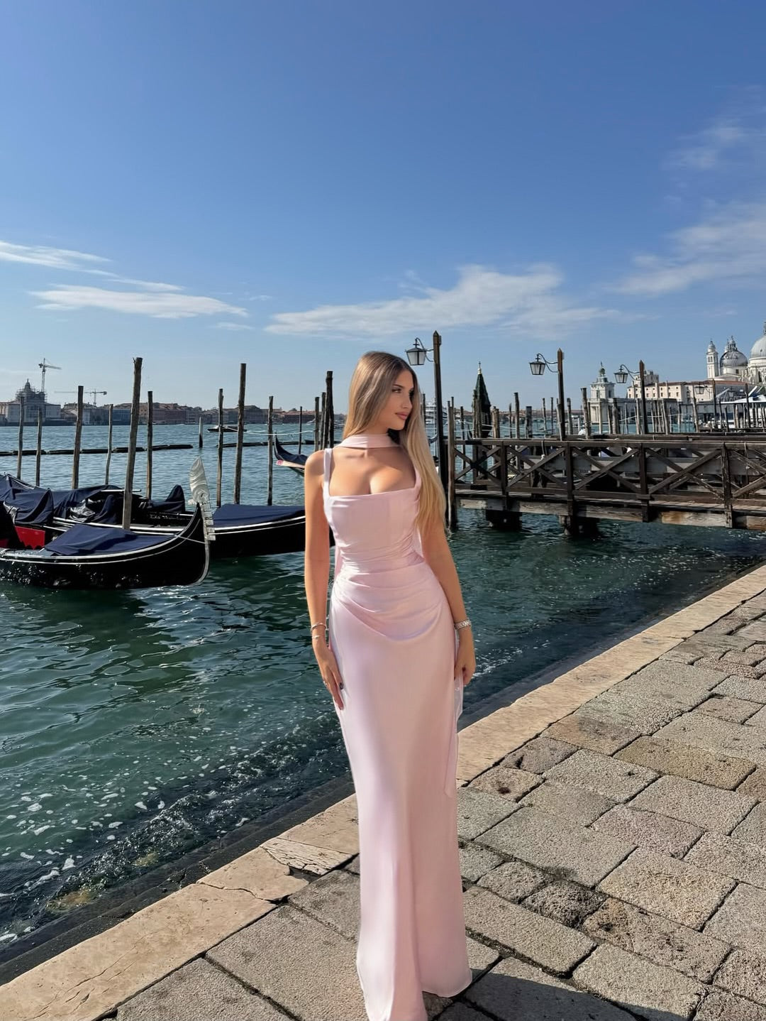 Women's Sleeveless Maxi Dress – Cowl Neck Halter Ruched Waist Wedding Guest