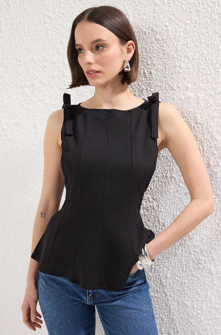 Women's Sleeveless Peplum Top – Square Neck Bow Shoulder Seam Detail Casual